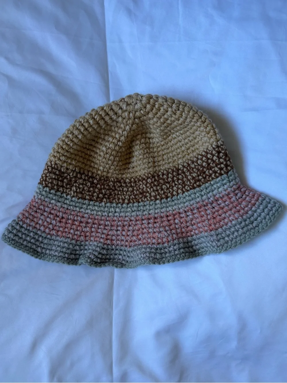 Crocheted Bucket Hat with Neutral Stripes - Beige, Brown & Pink